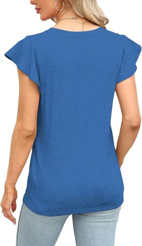 JomeDesign Womens Tops Summer Short Sleeve V Neck Shirts Ruffle Sleeve Casual T-Shirts Loose Fit in Saudi Arabia