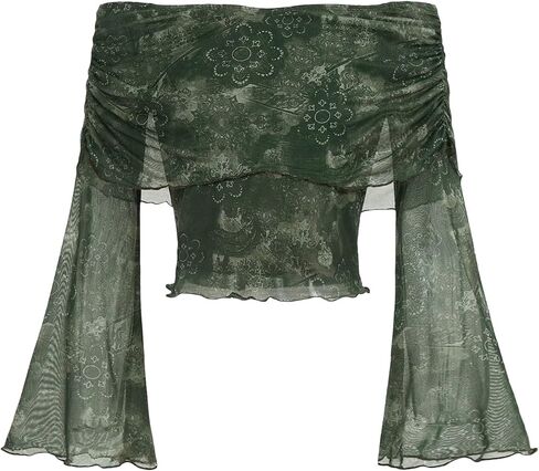 Verdusa Women's Floral Print Lettuce Trim Cold Shoulder Bell Sleeve Mesh Crop Tee Top in Saudi Arabia
