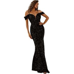 فستان Lin Lin Q نسائي رسمي طويل مزين بالترتر ورقبة على شكل حرف V وأكتاف باردة، فساتين حفلات حورية البحر بأكمام قصيرة in Kuwait