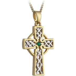 Biddy Murphy Celtic Gold Cross Necklace with Emerald Green CZ Cubic Zirconia Stone, Woven Filigree Silver Plated Inlay, 18" Inch, Irish Pendant Jewelry for Women, Made in Ireland