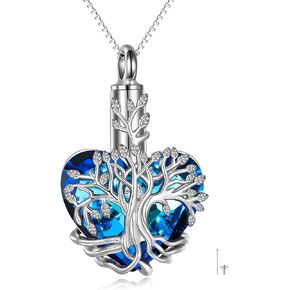 YFN Tree of Life Urn Necklace for Ashes Heart Cremation Jewelry Sterling Silver with Blue Crystal with Funnel Filler Jewelry Gifts for Women