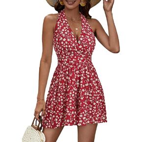 HUHOT Rompers For Women Casual Halter V Neck Backless Summer Sexy Beach Dressy 2024 Short Romper Dresses With Pockets