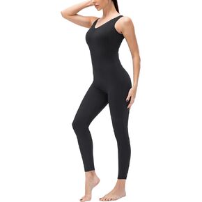 chouyatou Women's Athletic Criss-Cross Back One Piece Workout Set Yoga Bodysuit Skinny Leggings Jumpsuit Outfits Pocket