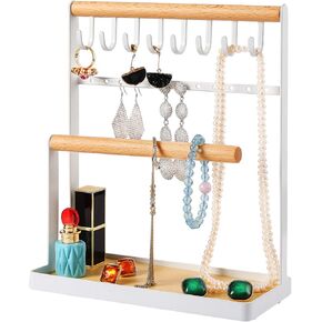 اوتوديكو منظم عرض المجوهرات من 4 طبقات، حامل مجوهرات يوضع على سطح الطاولة لتخزين القلائد والاساور والخواتم والاقراط والمفاتيح والساعات مع صينية خشبية، هدية رائعة للنساء، ابيض in Kuwait
