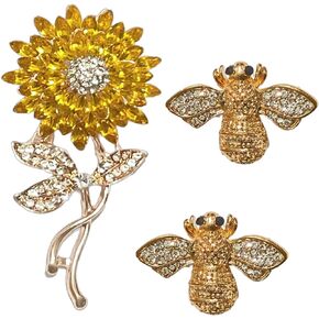 Honey Bee Brooch Gold Sunflower Brooch for Women, 2PCS Elegant Bumble Bee Pin Brooches, 1PCS Sunflower Pin for Girls, Ladies