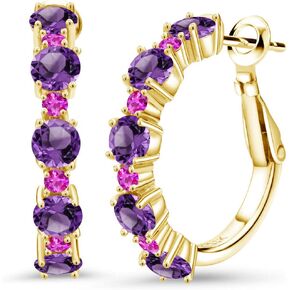 Gem Stone King 18K Yellow Gold Plated Silver Purple Amethyst and Pink Sapphire Hoop Earrings For Women (2.90 Cttw, Round 4MM and 1.9MM, Gemstone Birthstone 1 Inch Diameter)