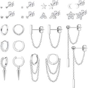 Sanfenly 14 Pairs Studs Earrings and Hoops Set Silver Gold Plated Dangle Chain Earrings Mini Ball CZ Moon Star Flower Studs Huggie Hoop Earring for Women