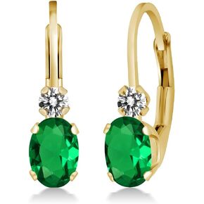 Gem Stone King 14K Yellow Gold Green Nano Emerald and White Diamond Leverback Earrings For Women | 0.87 Cttw | Gemstone May Birthstone | Oval 6X4MM, Round 2MM | 3/4 Inch