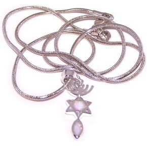 Holy Land Market Messianic Seal symbol with White created Opal Stones - Rhodium plated (2.5 cm - 1 inch - 20 Inch Chain)