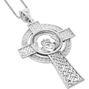 Honolulu Jewelry Company Sterling Silver Irish Claddagh Celtic Cross Pendant with 18" Box Chain