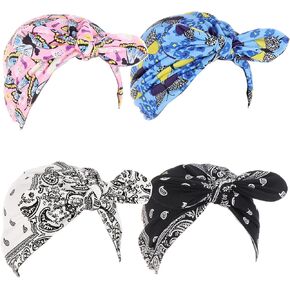 Qianmome 4 Pieces Womens Cute Bow Turban Cap Floral Print Bonnet Hat Bowknot Bandana Cap
