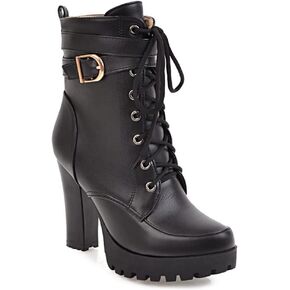 MIOKE Women's Round Toe Platform Dressy Ankle Boots Lace Up Zipper Chunky Block High Heel Dress Short Bootie