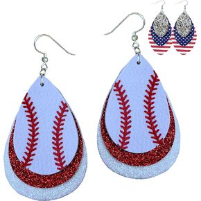 Baseball Earrings for Women - Baseball Jewelry for Mom - Baseball Mom Accessories - Baseball Accessories - Leather Glitter Earrings - 4th of July Earrings - Baseball Stuff for Moms