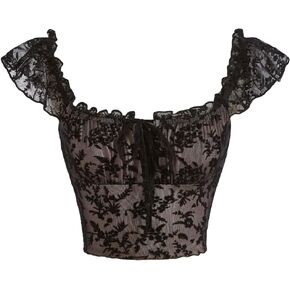 Women's Floral Print Frill Trim Crop Tee Top Casual Cap Sleeve Square Neck Ruched Slim Fit Pullover T Shirt