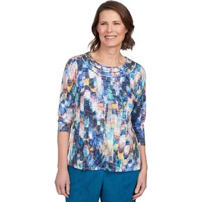 Alfred Dunner Women's Petite Triple Ring Embroidered Brushstroke Top Size PS Denim