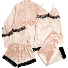 WDIRARA Women's 4 Piece Pajama Set Spaghetti Strap Contrast Lace Pajama Sets with Robe