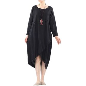 Minibee Women's Long Sleeve Midi Dress Cotton Linen Empire Waist Casual Flowy Dresses with Pockets
