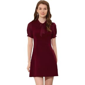Allegra K Elegant Dresses for Women's Tie Neck Puff Short Sleeve Office Work Dress