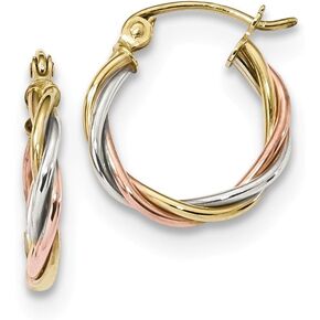 Solid 10k Yellow White and Rose Gold Three Color 2.5mm Twisted Hoop Earrings - 16mm x 14mm, Metal