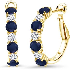Gem Stone King 18K Yellow Gold Plated Silver Blue Sapphire and White Lab Grown Diamond Hoop Earrings For Women (3.40 Cttw, Gemstone September Birthstone, Round 4MM and 3MM)