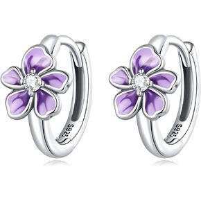 Dainty Purple Flower Small Hoop Earrings 925 Sterling Silver Cubic Zirconia Crystal Little Flowers Cartilage Huggie Hoops Hinged Cuff Earring Fashion jewelry Gifts for Women Girls