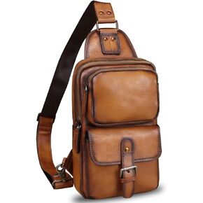 LRTO Genuine Leather Sling Bag Crossbody Motorcycle Bag Handmade Hiking Chest Daypack Retro Shoulder Backpack