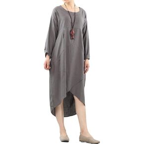 Minibee Women's Long Sleeve Midi Dress Cotton Linen Empire Waist Casual Flowy Dresses with Pockets