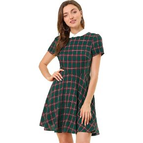 Allegra K Women's Plaid Grid Peter Pan Collar Contrast Christmas Xmas Party Short Sleeve A-line Dress