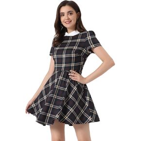 Allegra K Women's Plaid Grid Peter Pan Collar Contrast Christmas Xmas Party Short Sleeve A-line Dress in Kuwait