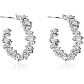 Hoop Stud Half Hoop Open C Earrings 18k Real Gold Plated Silver Post Inlaid Sparkle Emerald-Cut 4A+ CZ for Women Girls