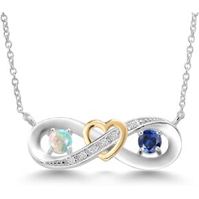 925 Silver and 10K Yellow Gold White Simulated Opal Blue Created Sapphire and Lab Grown Diamond Heart Interlocking Infinity Symbol Pendant Necklace For Women (0.56 Cttw, with 18 Inch Chain)