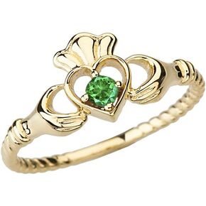 Dainty 10k Yellow Gold Open Heart Solitaire Emerald Rope Claddagh Promise Ring (Size 7)