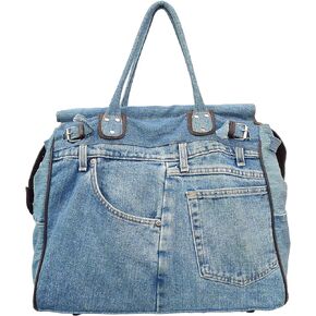 X-Large Blue Denim Double Top Handle Tote Shopper Handbag Purse for women