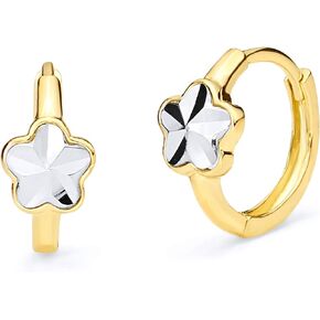 14k REAL Two Tone Gold 5mm Thickness Flower Hoop Huggie Earrings (12 x 12 mm)