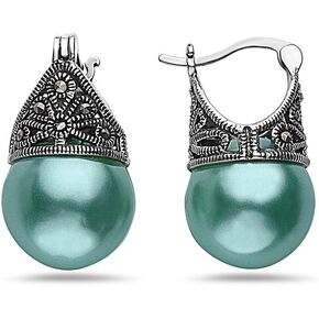 SILVER EMPIRE Fine Jewelry | 925 Sterling Silver Filigree Earrings for Women | Features Marcasite & Colorful Glass Pearls | Cap Mounting Design with Latch Closure | Oxidized Finish | Hypoallergenic