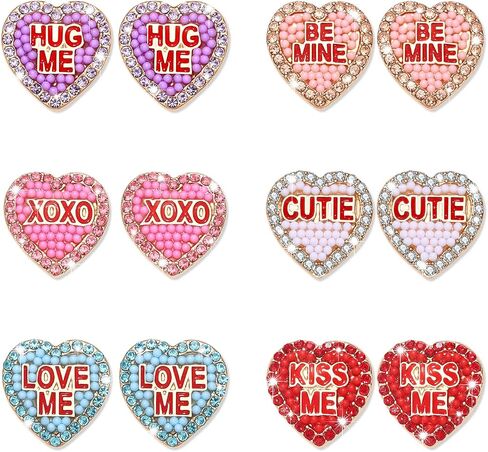 Valentine's DayEarrings for Women Beaded XOXO BE MINE CUTIE Heart Stud Earrings Rhinestone Candy Love Heart Earrings Valentine's Day Decorations Gifts in Saudi Arabia