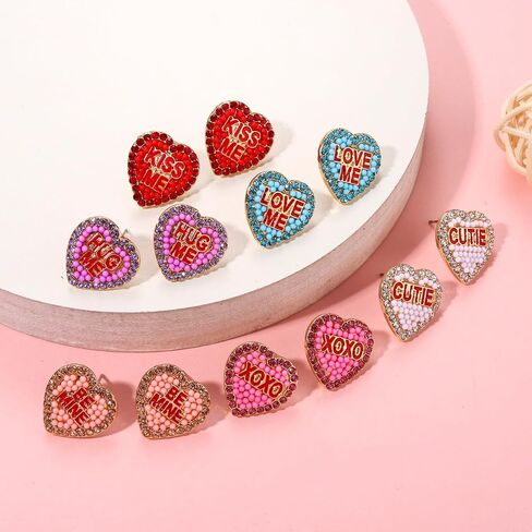 Valentine's DayEarrings for Women Beaded XOXO BE MINE CUTIE Heart Stud Earrings Rhinestone Candy Love Heart Earrings Valentine's Day Decorations Gifts in Saudi Arabia