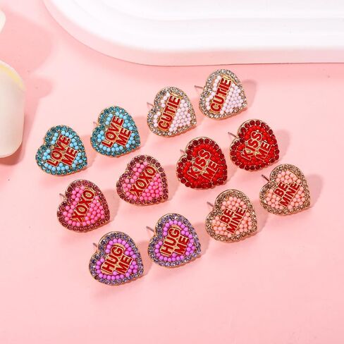Valentine's DayEarrings for Women Beaded XOXO BE MINE CUTIE Heart Stud Earrings Rhinestone Candy Love Heart Earrings Valentine's Day Decorations Gifts in Saudi Arabia
