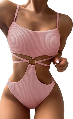MakeMeChic Women's Textured One Piece Swimsuit Cut Out Ring High Cut Thong Bathing Suit Swimwear in Saudi Arabia