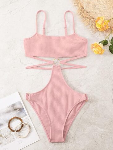 MakeMeChic Women's Textured One Piece Swimsuit Cut Out Ring High Cut Thong Bathing Suit Swimwear in Saudi Arabia