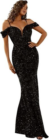 فستان Lin Lin Q نسائي رسمي طويل مزين بالترتر ورقبة على شكل حرف V وأكتاف باردة، فساتين حفلات حورية البحر بأكمام قصيرة in Kuwait