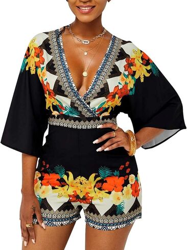 SperLucky ثوب فضفاض مثير للنساء على شكل حرف V وظهر قصير بذلة قصيرة مطبوعة بالزهور فضفاضة نصف كم موضة رومبير (X-Large) in Kuwait