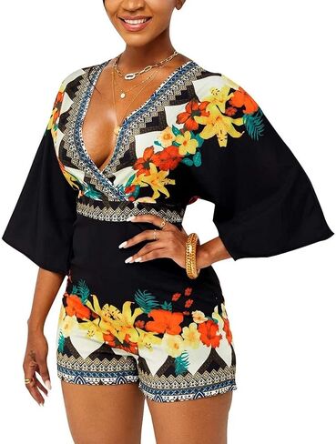 SperLucky ثوب فضفاض مثير للنساء على شكل حرف V وظهر قصير بذلة قصيرة مطبوعة بالزهور فضفاضة نصف كم موضة رومبير (X-Large) in Kuwait