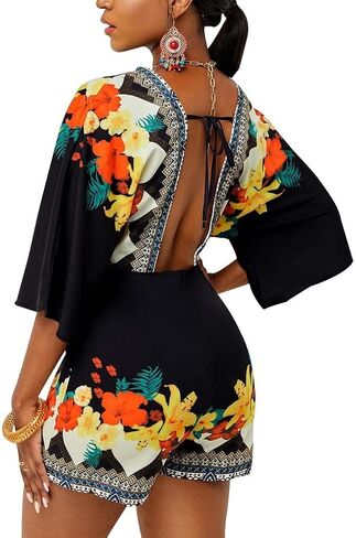 SperLucky ثوب فضفاض مثير للنساء على شكل حرف V وظهر قصير بذلة قصيرة مطبوعة بالزهور فضفاضة نصف كم موضة رومبير (X-Large) in Kuwait