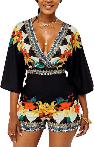 SperLucky ثوب فضفاض مثير للنساء على شكل حرف V وظهر قصير بذلة قصيرة مطبوعة بالزهور فضفاضة نصف كم موضة رومبير (X-Large) in Kuwait