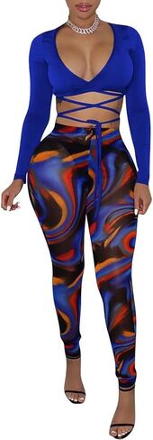 بدلة رياضية نسائية مثيرة مكونة من قطعتين من Acelyn، ملابس علوية قصيرة ذات خصر عالي، شفافة من خلال السراويل الضيقة، ملابس النادي، أزرق L in Kuwait