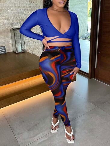 بدلة رياضية نسائية مثيرة مكونة من قطعتين من Acelyn، ملابس علوية قصيرة ذات خصر عالي، شفافة من خلال السراويل الضيقة، ملابس النادي، أزرق L in Kuwait