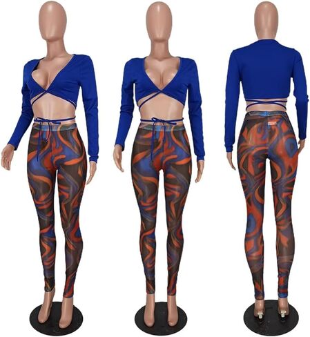 بدلة رياضية نسائية مثيرة مكونة من قطعتين من Acelyn، ملابس علوية قصيرة ذات خصر عالي، شفافة من خلال السراويل الضيقة، ملابس النادي، أزرق L in Kuwait