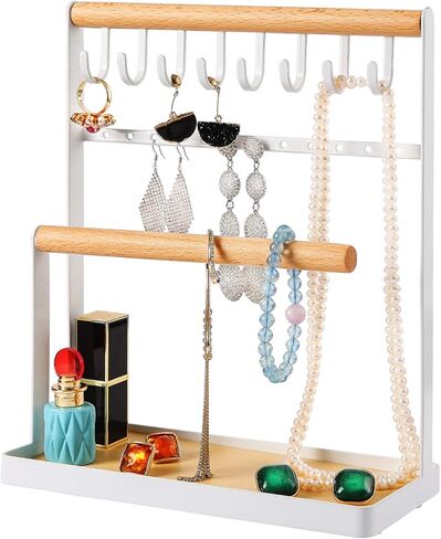 اوتوديكو منظم عرض المجوهرات من 4 طبقات، حامل مجوهرات يوضع على سطح الطاولة لتخزين القلائد والاساور والخواتم والاقراط والمفاتيح والساعات مع صينية خشبية، هدية رائعة للنساء، ابيض in Kuwait