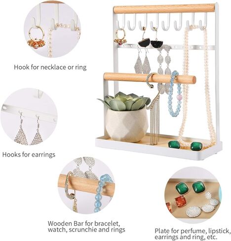 اوتوديكو منظم عرض المجوهرات من 4 طبقات، حامل مجوهرات يوضع على سطح الطاولة لتخزين القلائد والاساور والخواتم والاقراط والمفاتيح والساعات مع صينية خشبية، هدية رائعة للنساء، ابيض in Kuwait